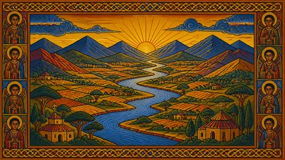 a vast valley with a river winding toward distant mountains at sunrise, no people, no text