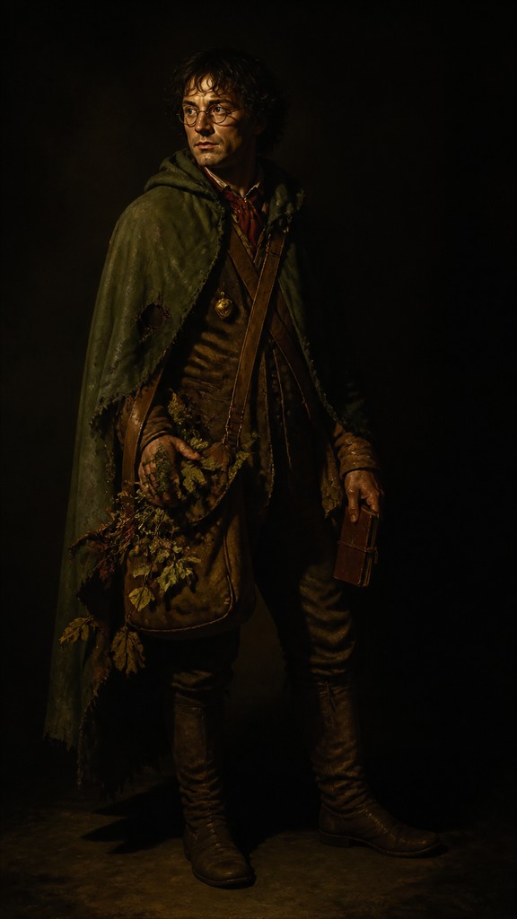 full-body original character: a wandering botanist with a satchel of plants, a patched green cloak, tall boots and round glasses, neutral background