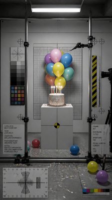 a birthday cake with lit candles surrounded by balloons and confetti, festive vertical composition, no text
