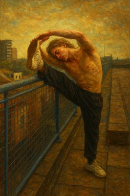 a painting of a man leaning on a fence