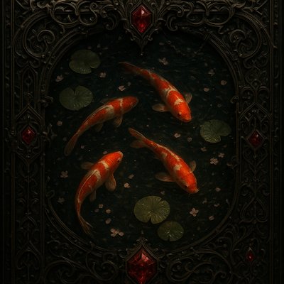 A koi pond seen from above, orange and white koi fish swimming among lily pads, clear water with subtle ripples, fallen cherry blossom petals floating on the surface, dappled sunlight