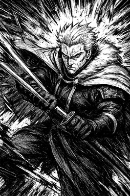 a black and white drawing of a man with a sword