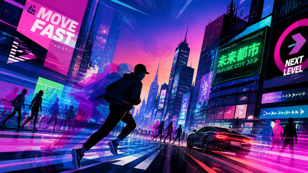 bustling city street panorama at dusk