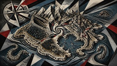 a map of an island realm with mountains, forests, a sheltered bay, sea monsters in the water and a compass rose, no text labels
