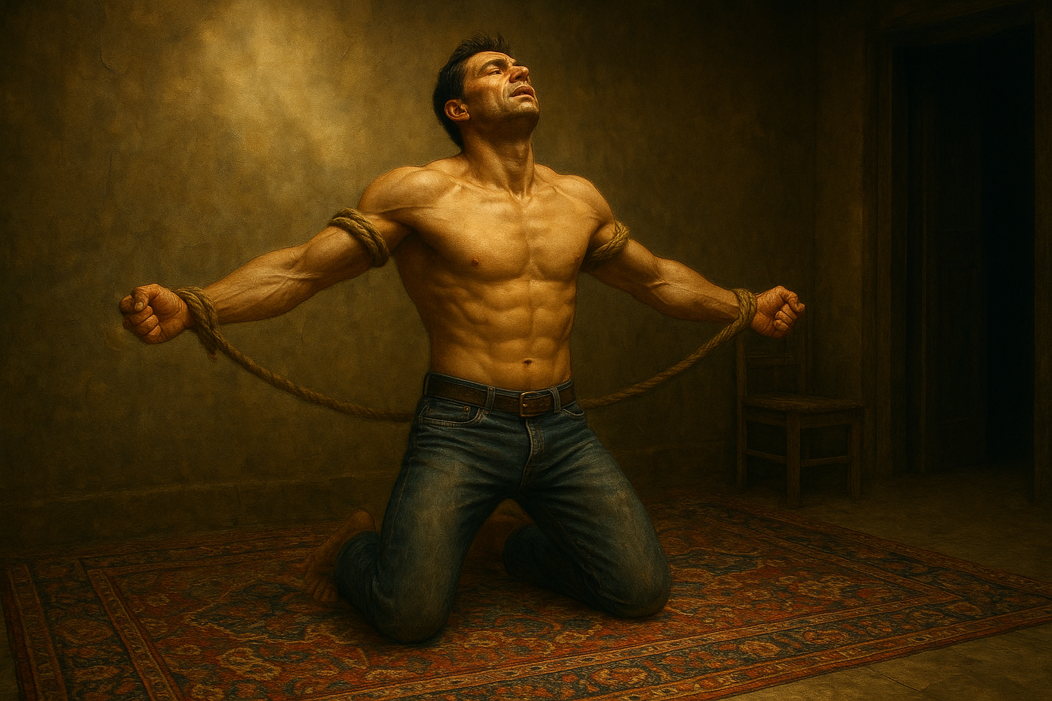 a painting of a man sitting on a rug holding a rope