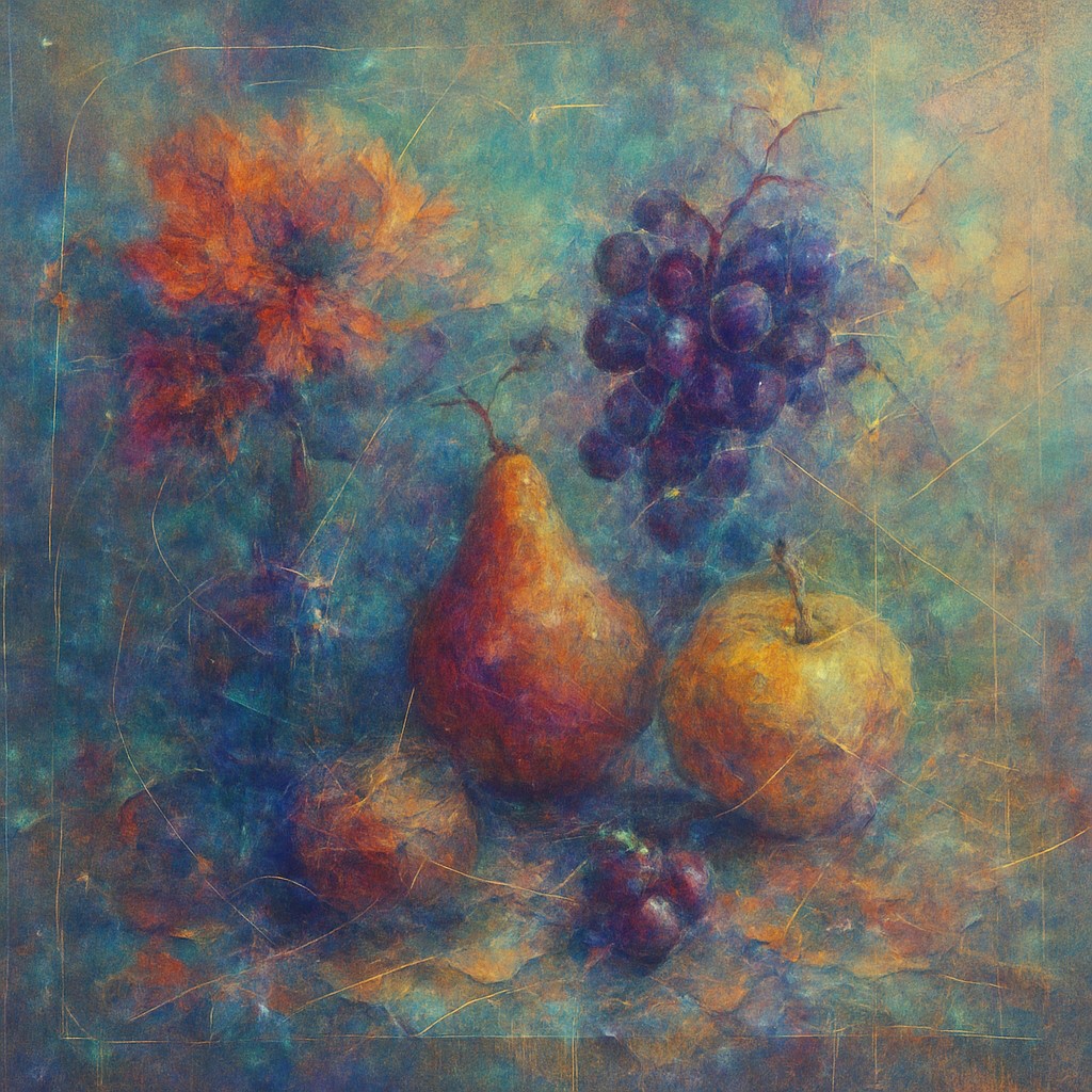 still life arrangement of fruits and flowers