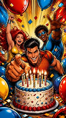 a birthday cake with lit candles surrounded by balloons and confetti, festive vertical composition, no text