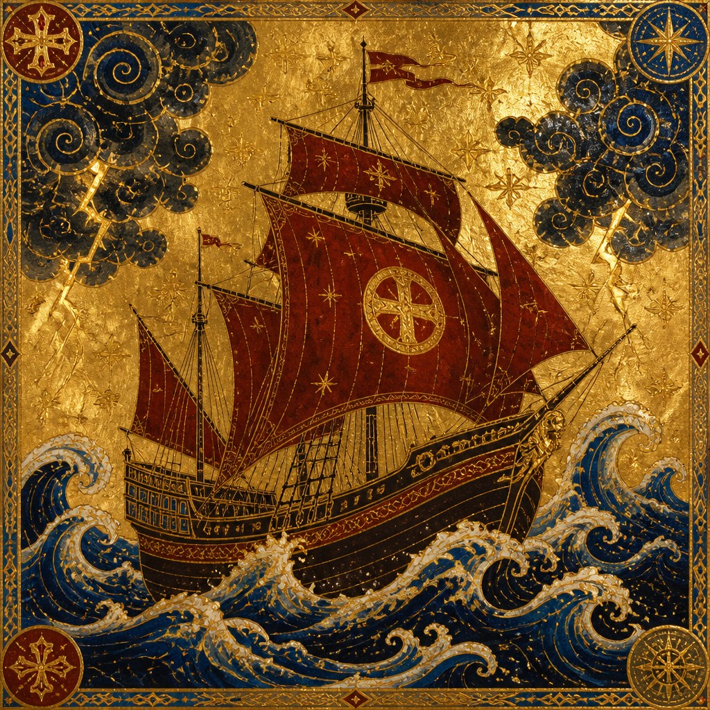 sailing ship on a stormy sea — Gold Leaf Gilding Art Style