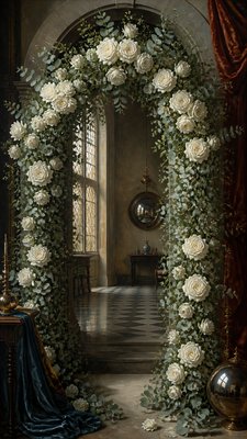 an arch of white roses and eucalyptus in soft morning light, elegant vertical composition with open space, no text