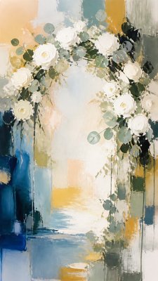 an arch of white roses and eucalyptus in soft morning light, elegant vertical composition with open space, no text