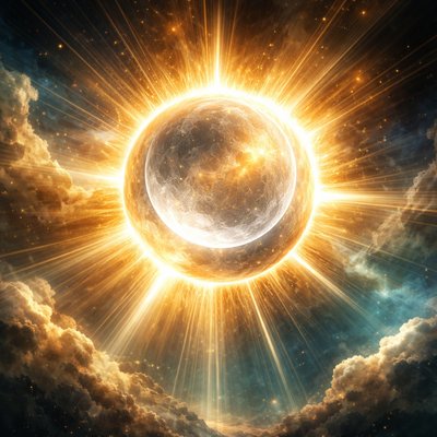 Ancient celestial vision: the blazing sun unites with a completely translucent moon, the moon rendered invisible except for a silvery faint outline, swallowed by the sun's overwhelming radiance yet delicately outlined as a glass, beams of divine light pouring through, the moon spiritual symbolism of hidden union and concealed intimacy, ethereal golden and silver tones, sun and moon the same size, golden rays enveloping a transparent moon. Moon is ethereal and the sky is blue. It is like the silver of the moon's features are upon the sun. brilliant light within the moon