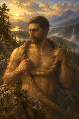 a painting of a man holding a rope