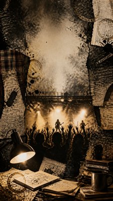 a live music scene with a glowing stage and silhouetted crowd, energetic vertical composition with open space at the top, no text