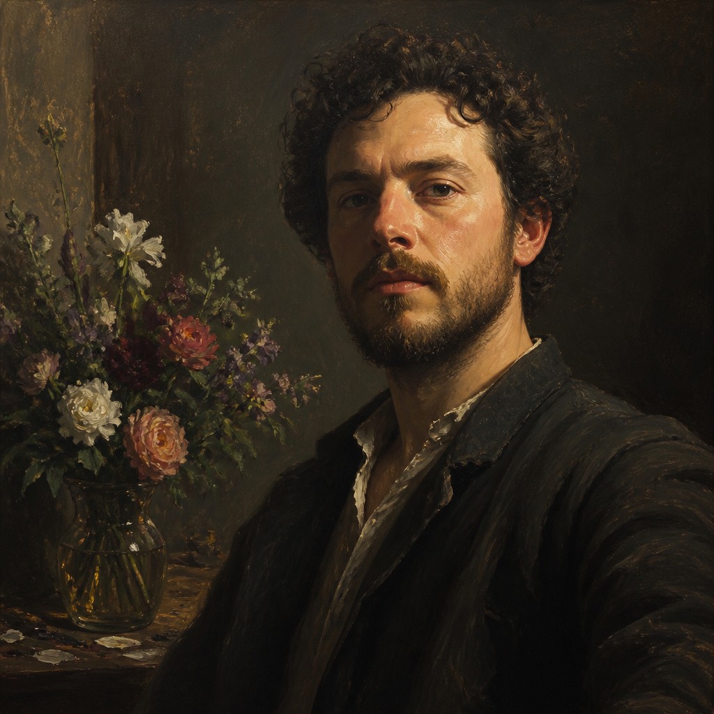 bouquet of flowers in a glass vase — Self-Portrait Painting Style