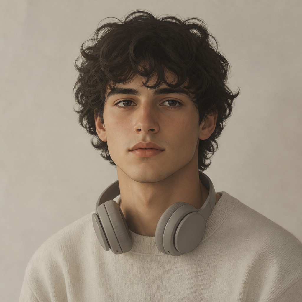 head-and-shoulders portrait of an original character: a young man with curly dark hair and headphones around his neck, plain backdrop, no text