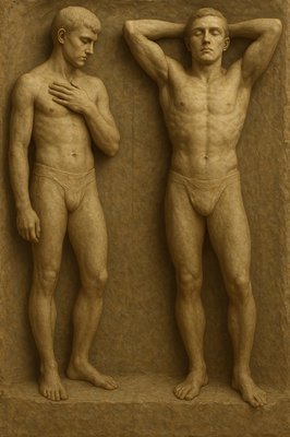 a statue of two men standing next to each other