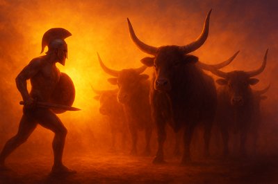 a painting of a man standing in front of a herd of cows