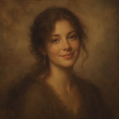 head-and-shoulders portrait of an original character: a young woman with wavy chestnut hair and a warm smile, plain soft backdrop
