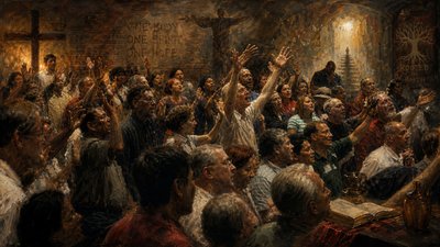 a painting of a crowd of people raising their hands