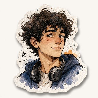 head-and-shoulders portrait of an original character: a young man with curly dark hair and headphones around his neck, plain backdrop, no text
