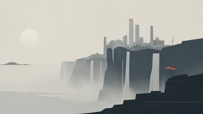 a cliffside city with waterfalls cascading into a misty canyon, wide establishing shot, no people, no text