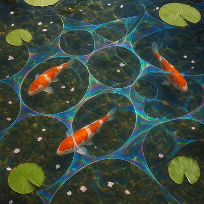 A koi pond seen from above, orange and white koi fish swimming among lily pads, clear water with subtle ripples, fallen cherry blossom petals floating on the surface, dappled sunlight