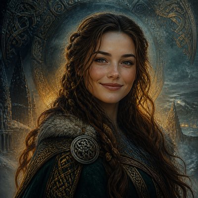 head-and-shoulders portrait of an original character: a young woman with wavy chestnut hair and a warm smile, plain soft backdrop