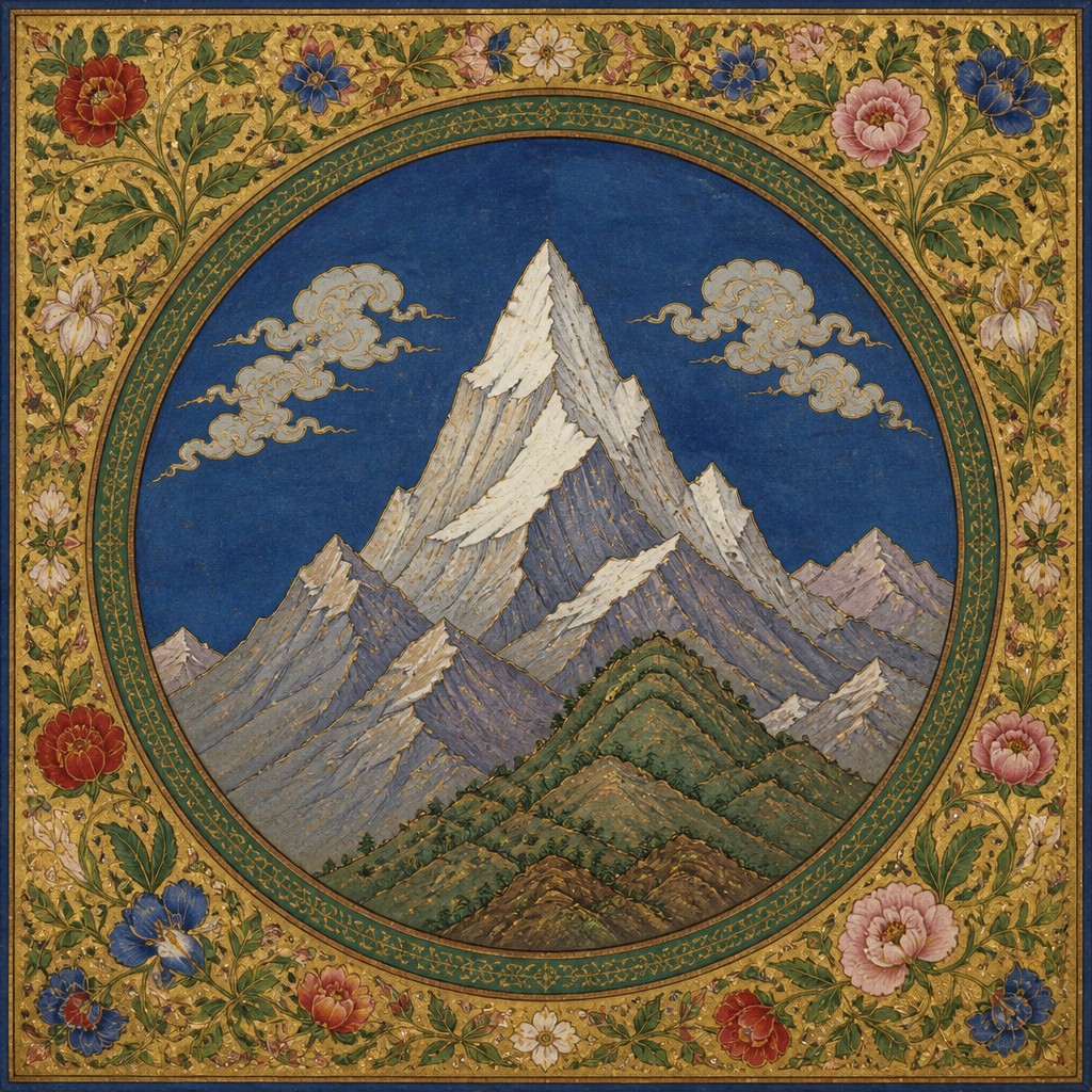 an emblem of a mountain peak inside a circle, simple bold shapes on a plain background, no text or lettering