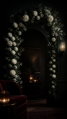 an arch of white roses and eucalyptus in soft morning light, elegant vertical composition with open space, no text