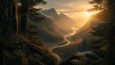 a vast valley with a river winding toward distant mountains at sunrise, no people, no text