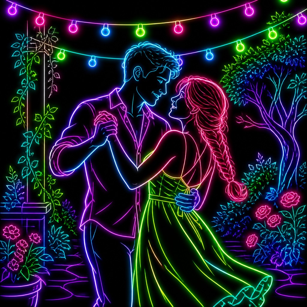 an original couple dancing under string lights in a garden at dusk: a man with short black hair in a linen shirt and a woman with braided red hair in a summer dress