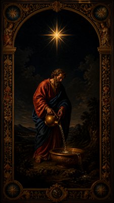 a robed figure pouring water beneath a large eight-pointed star in a night sky, symmetrical composition with an ornate decorative border, no text