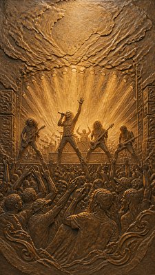 a live music scene with a glowing stage and silhouetted crowd, energetic vertical composition with open space at the top, no text