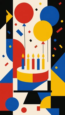 a birthday cake with lit candles surrounded by balloons and confetti, festive vertical composition, no text