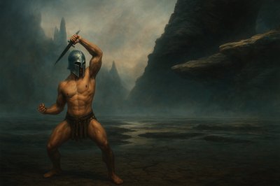 a painting of a man with a sword and a helmet