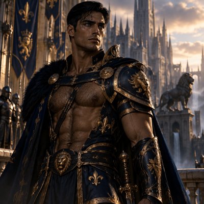Je veux que tu me fasses un guerrier, tres modern avec une armure moderne genre full bleu nuit doré on voit ses muscle et il a pas de barbe et des cheveux lisse court il est hot et un peu poilu pour le realisme il est brun cheveux noir et a des yeux bleu foncé vif on dirait presque un dieu dans le theme des rois de france ancien modern