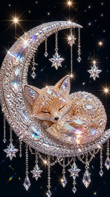 a sleeping baby fox curled on a crescent moon among soft stars, gentle and warm, no text