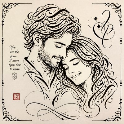 portrait of two people together — Calligraphy Art Style