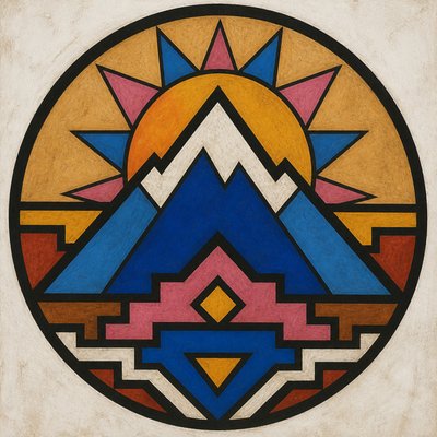 an emblem of a mountain peak inside a circle, simple bold shapes on a plain background, no text or lettering