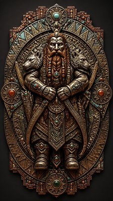 full-body original character: a dwarven ranger with a braided auburn beard, worn leather armor, a longbow and a wolf-pelt cloak, neutral background, no text