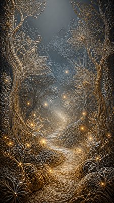 a mysterious forest path with fireflies and drifting mist, atmospheric vertical composition with open space at the top, no text
