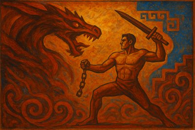 a painting of a man holding a sword next to a dragon