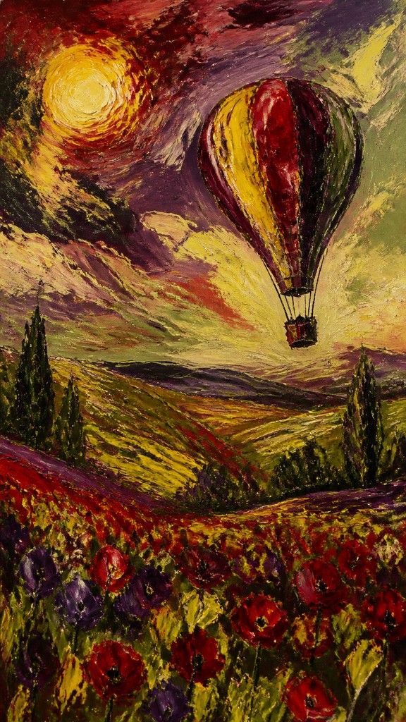 a hot air balloon drifting over rolling flower fields on a sunny day, cheerful, no text