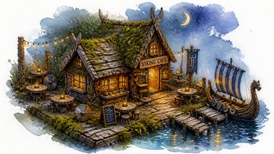 an isometric night scene of a viking cafe. the whole illustration is created by assembly art made with loosely placed tree bark and fresh moss on a white surface.
