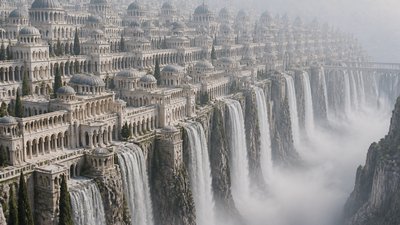 a cliffside city with waterfalls cascading into a misty canyon, wide establishing shot, no people, no text