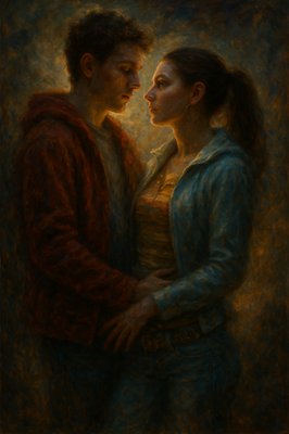 a painting of two people standing next to each other