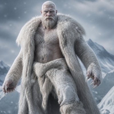 Fais moi une dieu blanc et fort avec des cheveux blond cour et  il  est habille en fourrure  d’ourse blanc sans bijou il représente la dieu de la glace et du pole nord. c’est une humain avec des yeux ferroses et des griffes d’ourse blanc genre juste des griffes, ses cheveux sontrasés chauve, il a la 50 ene, il est realiste. Il  a le corps genre humain genre il est recouvert de vetement en peau d’ourse blanc, il est poilu (poil blanc) sur son torse et bras , il est sans tee shirt et il est chauve presque mais feroce  il est grand avec un barbe