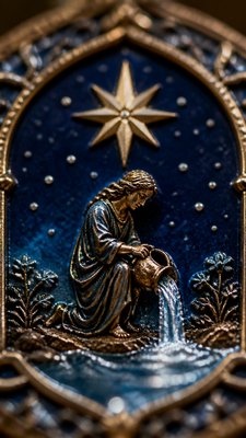 a robed figure pouring water beneath a large eight-pointed star in a night sky, symmetrical composition with an ornate decorative border, no text