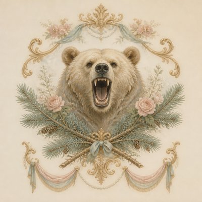 a roaring bear head above crossed pine branches, bold graphic composition on a plain background, no text
