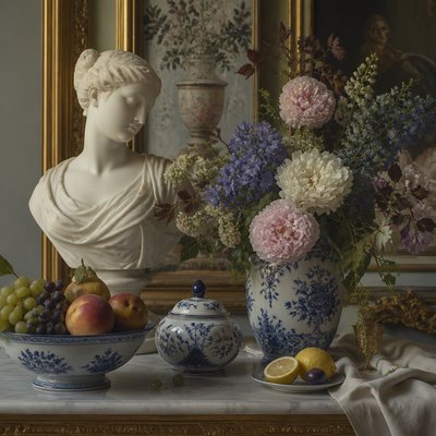 still life arrangement of fruits and flowers